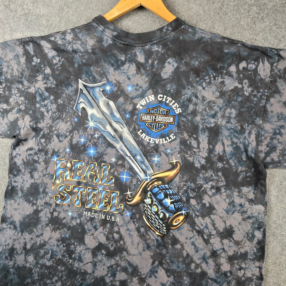 Vintage Harley Davidson Real Steel Shirt Mens XXL Black Tie Dye Sword 90s
